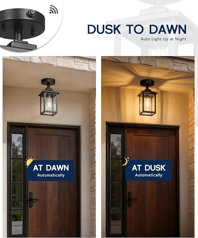 FEMILA Dusk to Dawn Porch Ceiling Lights Outdoor, 13" Matte Black Semi-Flush Mount Ceiling Lights, E26, for Entryway, Hallway, Garage, Kitchen, ETL Listed, 4FYX88F SE BK