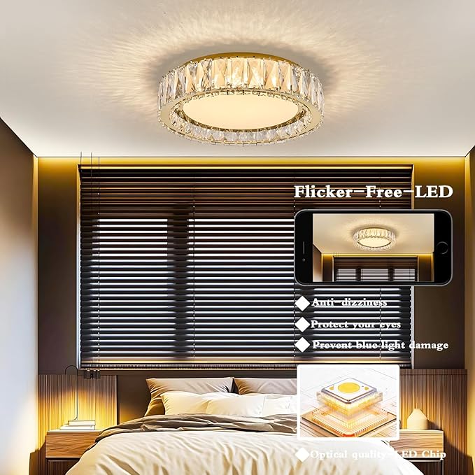 Crystal Dimmable Flush Mount Ceiling Light, Gold Modern LED Close to Ceiling Light Fixture with 5CCT 2700K-6000K, Round Kitchen Lighting for Bedroom Laundry Room, Hallway, Living room (15in 36W)