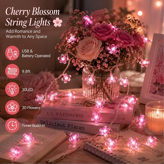 Pink Cherry Blossom Fairy Flower Lights, USB/Battery Operated Floral Lamp | Decorative Flower String Lights For Bedroom,Christmas, Easter, Wedding, Party, Birthday, Valentine'S Day Indoor Outdoor Decor