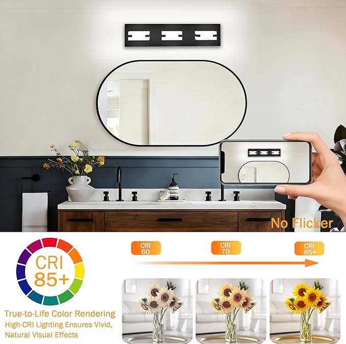 LED Bathroom Light Fixtures, 3-Light Modern Vanity Lights with Milky White Frosted Acrylic Shades, Matte Black Bathroom Lighting fixtures Over Mirror, ETL Listed, 20W (Cool White 5700K)