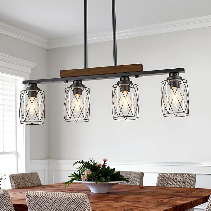 4-Light Dining Room Light Fixture/Chandelier Over Table, Island Lighting Hanging for Farmhouse Linear Chandeliers Matte Black Rustic Wood Ceiling Pendant Light Fixtures, with Clear Glass Shade
