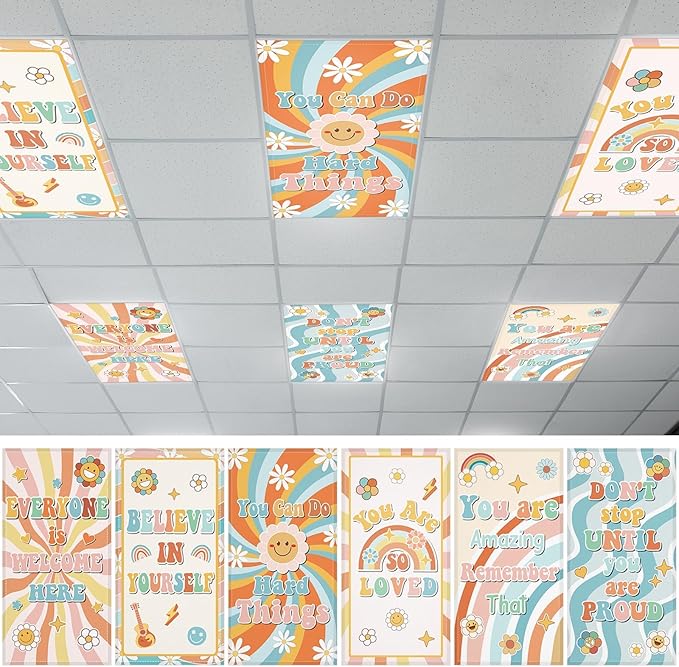 Wiooffen 6 Pcs Fluorescent Light Covers with 60 Magnets Decorative for Classroom Ceiling Lights 4 x 2 Feet Magnetic Light Cover Filter Easy Install for Office Hospital Home Ceiling Supplies (Hippie)