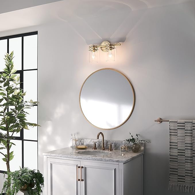 Kichler Brinley 2-Light Bathroom Vanity Light Fixture 15.75 in Industrial Farmhouse with Clear Glass in Champagne Bronze for Mirror Over Sink (15.75 x 10.25 x 6.75 in), 45688CPZ