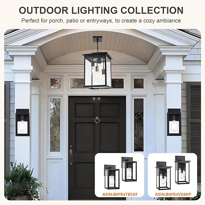 TODOLUZ 4-Lights Large Outdoor Pendant Light Fixture, Farmhouse Waterproof Black Porch Hanging Lighting with Adjustable Chain, Seeded Glass Panel & E26 Bulb Base for Patio Garden Entryway