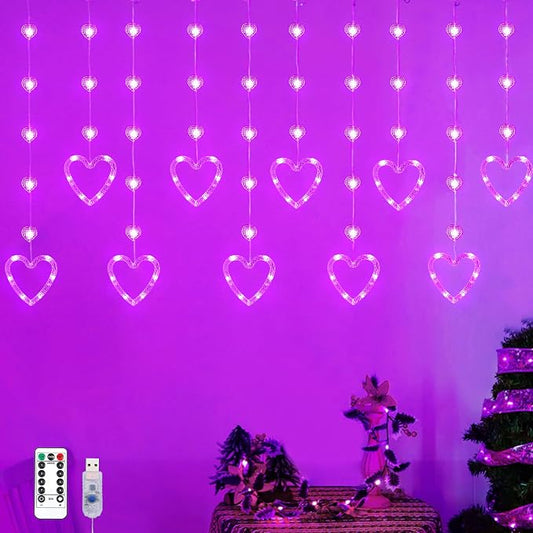 YOLIGHT Heart Curtain Lights, 9.8ft Valentine's Day Window Lights, USB Plug LED Hearts String Lights, Light up Heart Hanging Lights for Valentines Mother's Day Room Decoration (Purple)
