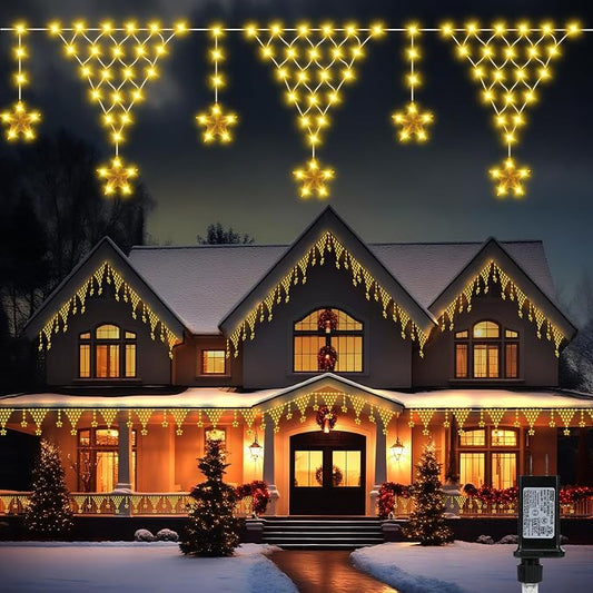 Outdoor Christmas Lights, 13.8ft 218 LED Curtain Lights, Icicle String Lights with 12 Drop Stars for Curtain, Indoor, Garden, Patio, Wedding, New Year, Home Decoration - Warmwhite