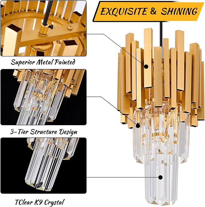 Gold Crystal Pendant Light 1-Light Mini Modern Luxury Crystal Pendant Light for Dining Room, Bedroom, Kitchen, Living Room