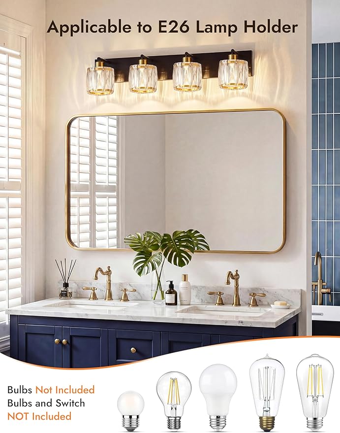 VOLISUN Crystal Vanity Lights for Bathrooms, 4 Light Bathroom Vanity Light, Black and Gold Bathroom Light Over Mirror, Modern Bathrooms Lights Fixtures-UL Certificated(Exclude Bulb)