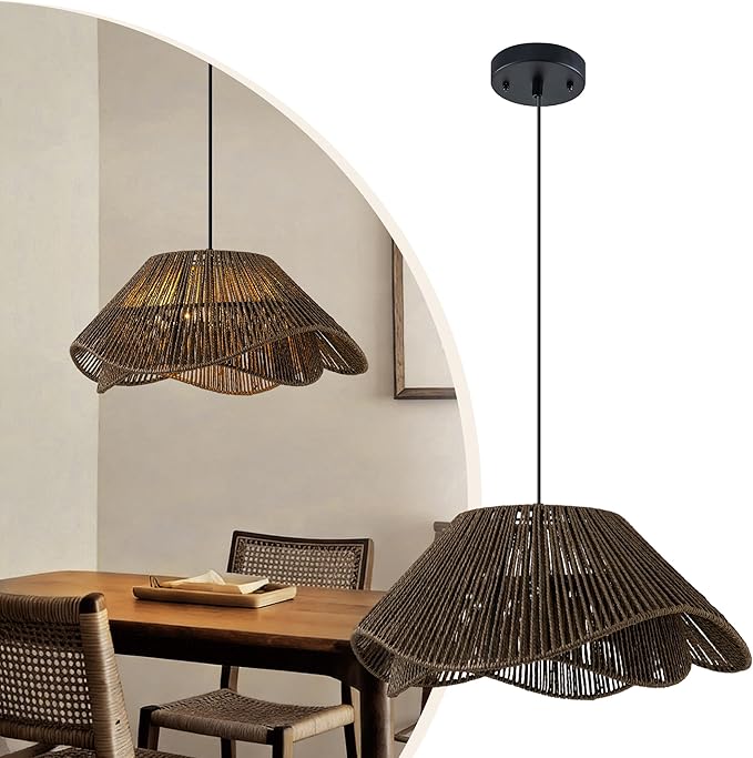 LumStory Dark Brown Rattan Pendant Light Fixture Farmhouse Boho Woven Rattan Chandelier for Dining Room, 3-Light Large Black Bohemian Rustic Wicker Ceiling Hanging Lamp Over Table for Kitchen Island