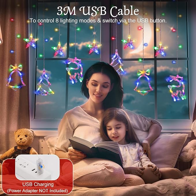 Lewondr Reindeer Bell Christmas Curtain Lights, 138 LED Christmas Tree Hanging Home Lights with 6H Timer & 8 Modes, USB Powered Fairy Lights, Xmas Decor for Home Party Indoor,Colorful Light