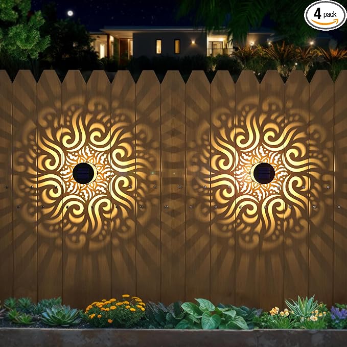 4 Pack Solar Fence Lights Metal Solar Powered Outdoor Wall Deck Step Lights Mandala Theme Waterproof Fence Light for Garden Post Patio Backyard Yard Decor, Gardening Gifts for Women Mom Grandma