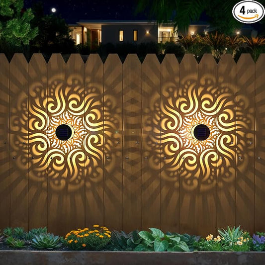 4 Pack Solar Fence Lights Metal Solar Powered Outdoor Wall Deck Step Lights Mandala Theme Waterproof Fence Light for Garden Post Patio Backyard Yard Decor, Gardening Gifts for Women Mom Grandma