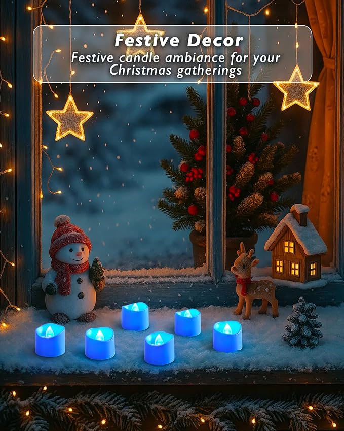 Raycare Blue Battery Operated Tea Lights, 200+Hour Electric Flickering Flameless Candles, Realistic Votive LED Tea Lights for Wedding Party Table Thanksgiving Christmas Decorations, Pack of 12
