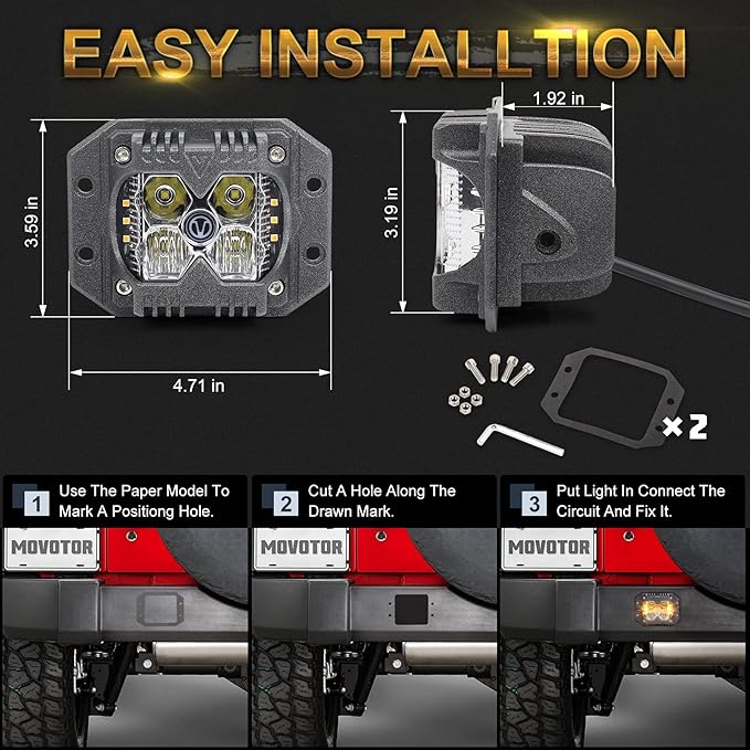 MOVOTOR Flush Mount Led Pods, Combo Offroad Driving Pods with Separate Amber Solid/Strobe Side Shooters Backup Reverse Lights Cube Working Lights for Truck Jeep ATV SUV 4x4