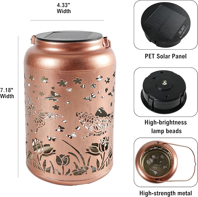 JEJOT Butterfly Solar Lanterns Outdoor Waterproof, Mothers Day Gifts, Birthday Gifts for Women Mom Grandma,Metal Hanging Solar Lantern for Yard,Garden,Porch Landscape Deconrations-2 Pack