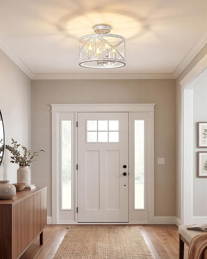 Semi Flush Mount Ceiling Light Fixture, Farmhouse Modern 4-Light Chandelier with X-Shape Cage, Industrial Rustic Ceiling Lamp for Kitchen, Entryway, Dining Room, Bedroom, Hallway, Laundry Room, White