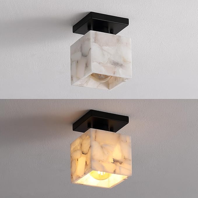 JONATHAN Y 5" White Marbling/Black Modern 1-Light Semi Flush Mount Ceiling Light for Bedroom, Cube White Alabaster Marble Shade, Mid-Century Minimalist Fixture, LED Bulb Included (JYL1202B)