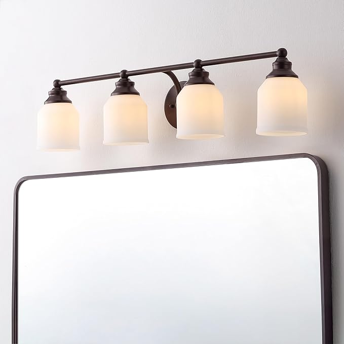 JONATHAN Y 33.25" Oil Rubbed Bronze/White Modern Farmhouse LED Vanity Light Wall Sconce Fixture, Frosted White Glass Shade, Dimmable Wall Lamp for Bathroom Mirror Kitchen Sink, UL Listed (JYL7552C)