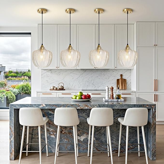 Modern Gold Pendant Light 2 Pack, Clear Glass Kitchen Island Pendant Light Fixture Adjustable Vintage Hanging Ceiling Light for Dining Room Corridor Bedroom 9.45 inch, UL Certification