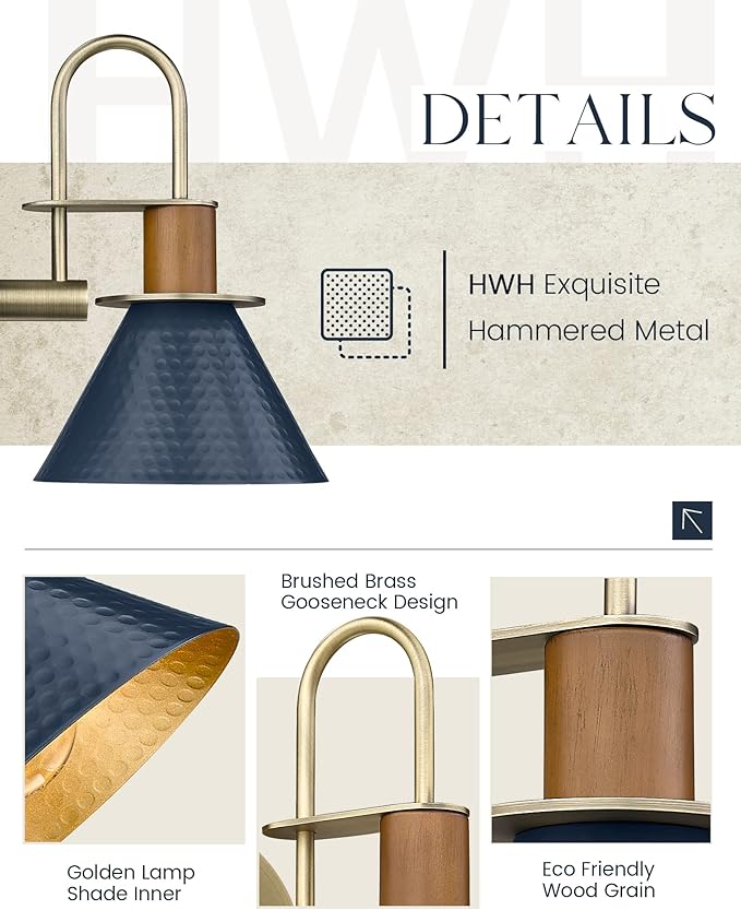 Rustic Wall Sconces Set of Two, HWH Indoor Wall Sconce 1-Light Barn Vanity Light, Hammered Barn Wall Lamp for Bathroom Bedroom Kitchen, Hammered Metal Shade, Navy Blue Finish, 5HZG74B-2L BL+BG
