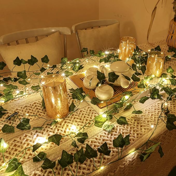 2 Pack 6.56 Ft Green Ivy Leaves Fairy String Lights Battery Operated, 40 LEDs Battery Powered Artificial Garland Plant Vine Fairy Light for Bedroom Wedding Party Holiday Patio Decor（Warm White）