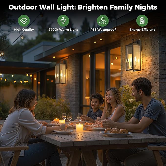 DORESshop 18" Dusk to Dawn Outdoor Wall Lights, 2-Light Black & White Outdoor Wall Sconce Lantern with Clear Glass, Tall Transitional Exterior Light Fixtures for Porch, Garage, ETL Listed, 2 Pack