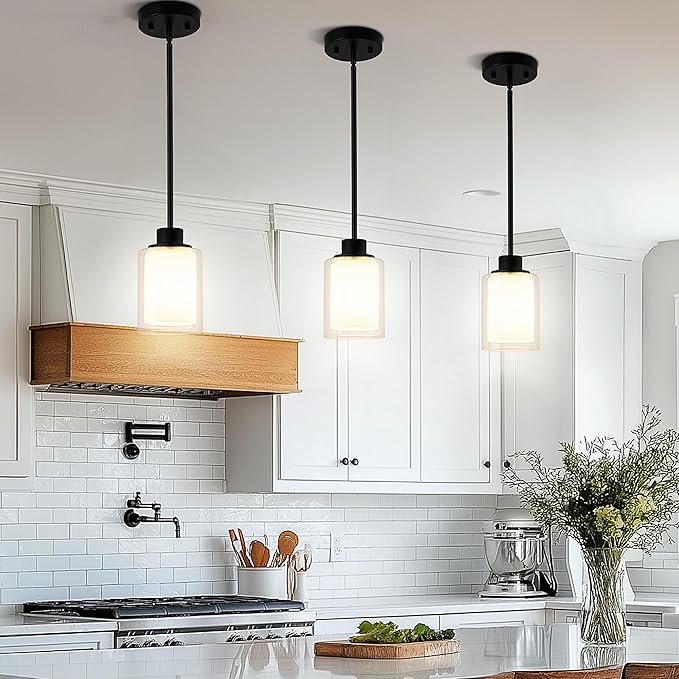 1-Light Mini Pendant Light Fixtures, 2-Pack Modern Hanging Ceiling Lighting, Adjustable Height, Black Pendant Lamp with Dual Glass for Kitchen Island Bedroom