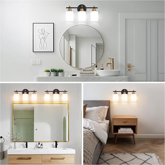 3-Light Bathroom Vanity Light, Black and Gold Vanity Lights for Bathroom with Milky White Glass Shade, Vanity Light Fixture Over Mirror, Modern Style, 16 Inch Compact, E26 Base