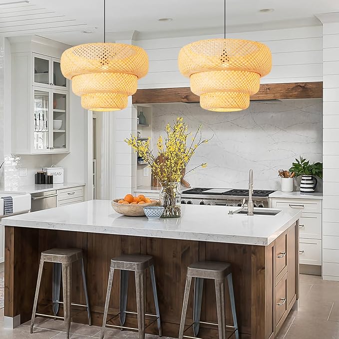18.5" Bamboo Pendant Light,Boho Rattan Hanging Light 3-Tier Hand Woven Wicker Chandelier for Kitchen Island for Kitchen Island Dining Bedroom Living Room Restaurants