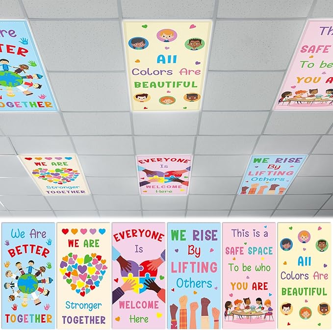 6Pcs Inspirational Fluorescent Light Covers for Classroom Diversity Ceiling Light 4x2Ft Positive Magnetic Lights Cover Filter Easy Install for Back to School Office Hospital Ceiling Supply (Kindness)