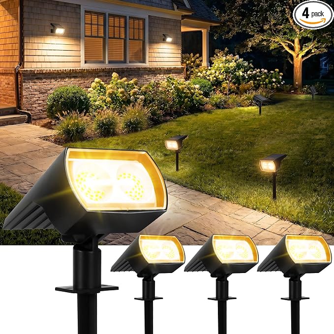 Solar Lights Outdoor Waterproof, 4 Pack 60 LED Solar Spot Lights Outdoor, Dusk to Dawn Light Sensor, 3 Lighting Modes, IP65 for Outside Pathway Yard Garden and Landscape (Warm White)