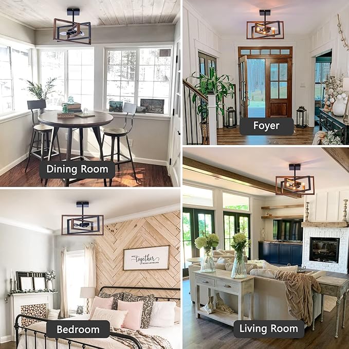 Industrial Rectangle Flush Mount Ceiling Light,Rotatable Metal Frame,Rustic Retro Vintage Farmhouse Light Fixture for Dining Living Room Bedroom Passway Kitchen Hallway Entryway,Faux-Wood Color Finish