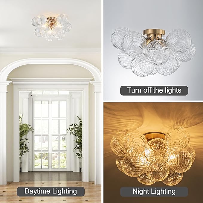 GoYeel Semi Flush Chandelier Gold, Modern Light Fixtures Ceiling Mount Lighting Pendant 3 Light Dining Chandeliers Over Table Glass 18.5" 13 Clear Swirled Globe for Foyer Bedroom Kitchen