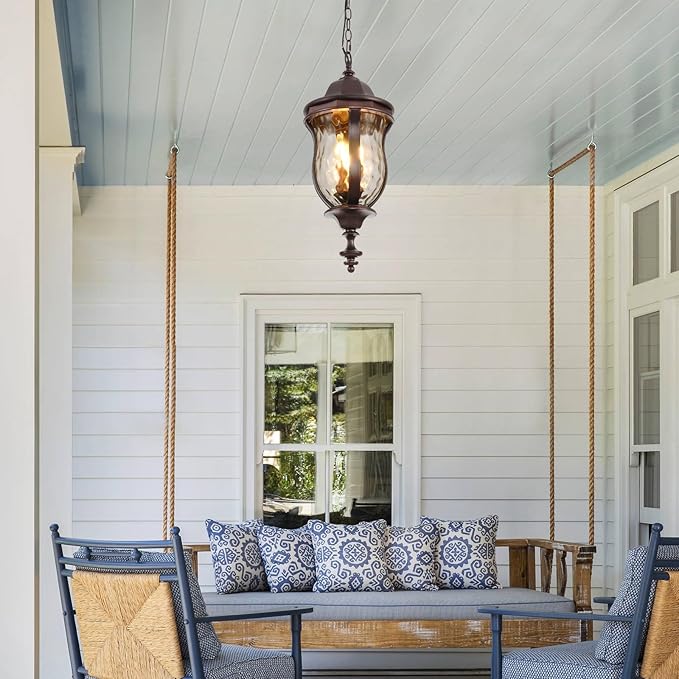 Large Outdoor Pendant Light Fixtures, 23.6'' Exterior Hanging Lantern Porch Light Adjustable, Brown Hanging Lamp Farmhouse Exterior Chandelier Ceiling Mount for Entrance Patio
