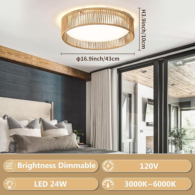 Rattan Overhead Light Fixture, 24W 16.9inch LED Dimmable Handwoven Boho Light Fixture 5CCT 3000K-6000K for Hallway Bedroom Kitchen Entryway Living Room