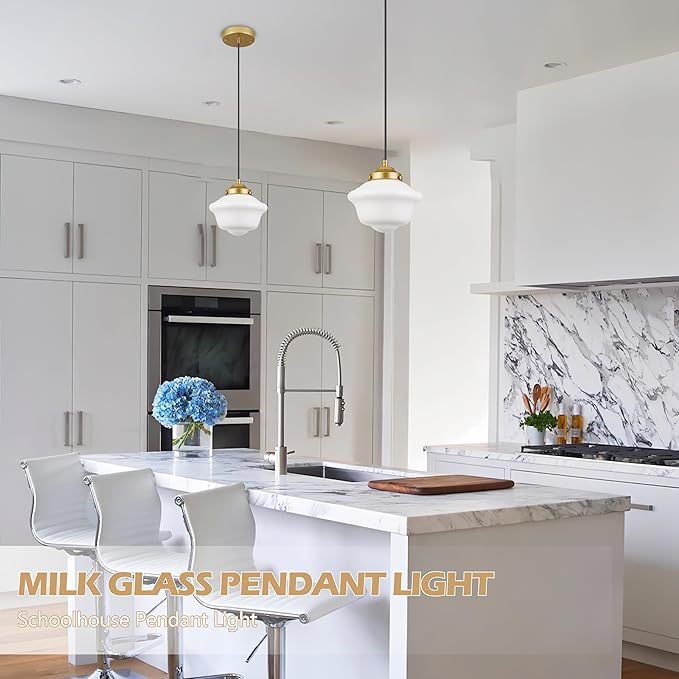 Gold Schoolhouse Light Fixture 8" Milk Glass Light Fixture Mid Century Pendant Light Milk Glass Pendant Light Schoolhouse Pendant Light for Bedroom Dining Room Kitchen (Bulb Incl.)