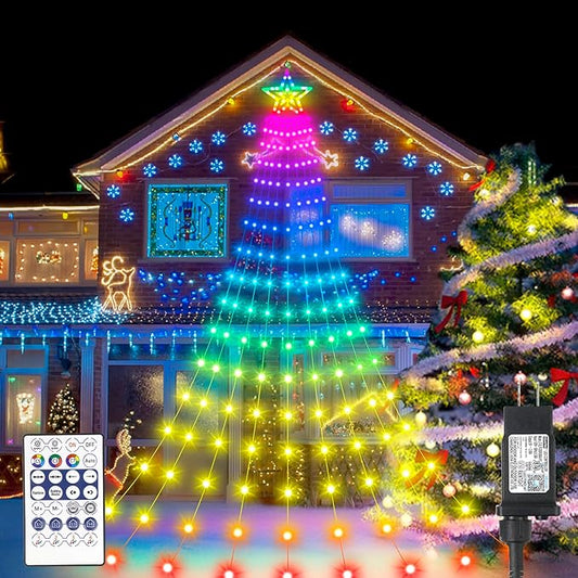 Smart Christmas Day Decorations Lights with Star Topper, 11.48ft 350 LED DIY Waterfall Tree Lights with Remote Timer Color Changing Light Music Sync APP Control for Wedding Holiday Party Decor