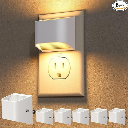 NIORSUN Plug in Night Light, Auto Brightness Sensor Night Light, 3000K Warm White, Ultra-Slim Wall Light for Hallway Bathroom Bedroom Stairs, White, 6 Pack