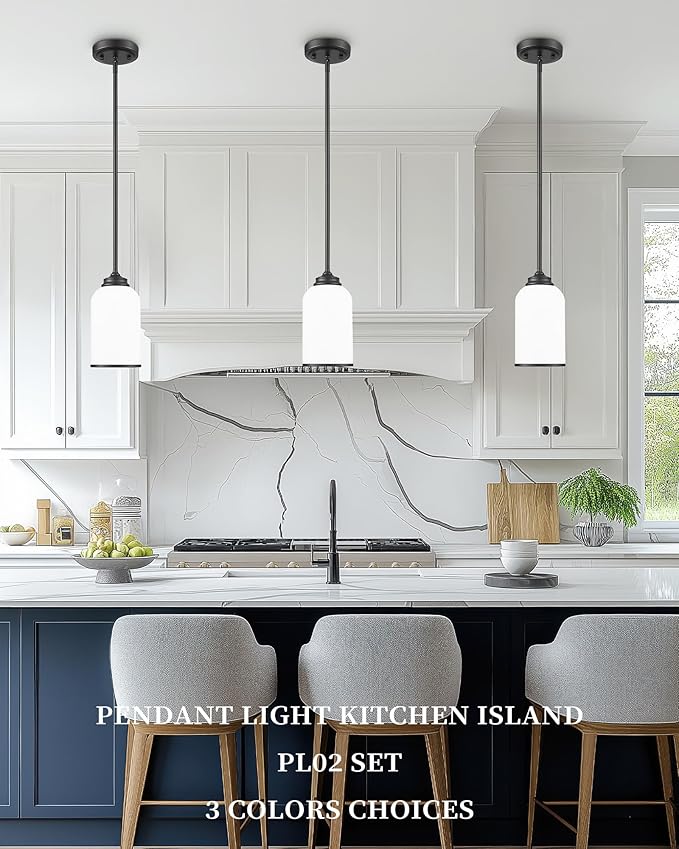 LIROUVET 2 Pack Pendant Lights Kitchen Island, Modern Pendant Lights, Black Hanging Lamp with Milk Glass, Industrial Pendant Light Fixtures for Dining Room PL02 MGBK-2PK