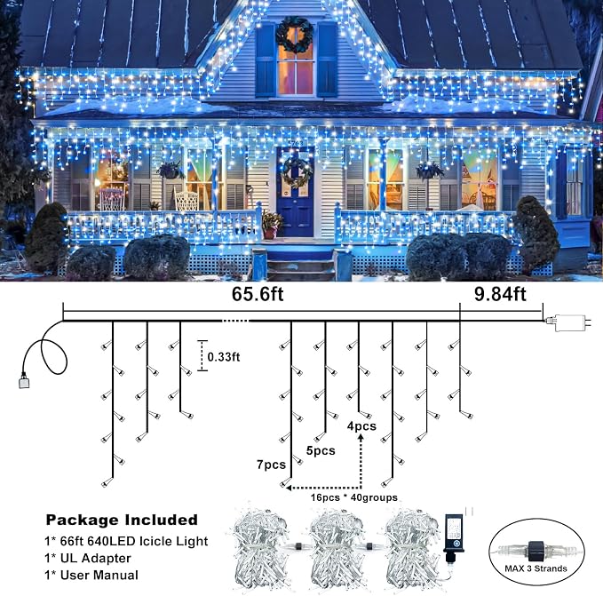 Icicle Christmas Lights Outdoor - 66FT 640 LED Icicle Lights for Outside with 8 Modes Timer, 120 Drops Waterproof Connectable Hanging String Lights Indoor for Patio Xmas Party Decor, Blue and White
