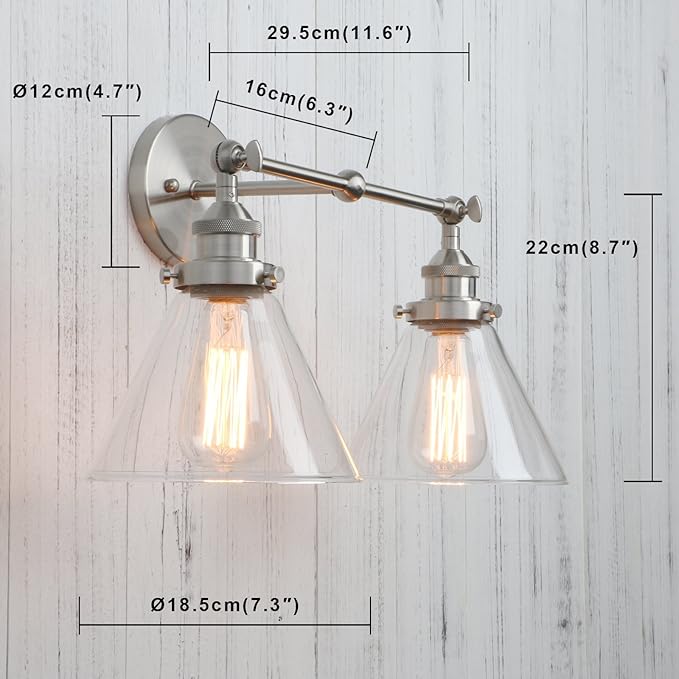 PERMO Industrial Vintage Slope Pole Wall Mount Single Sconce with Funnel Flared Clear Glass Shade Wall Sconce Light Lamp Fixture Hardwired (Antique Gold) (Brushed, Funnel Flared 2-Light Hardwired)