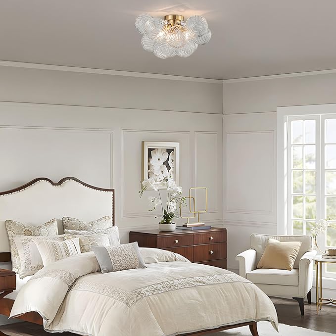 GoYeel Semi Flush Chandelier Gold, Modern Light Fixtures Ceiling Mount Lighting Pendant 3 Light Dining Chandeliers Over Table Glass 18.5" 13 Clear Swirled Globe for Foyer Bedroom Kitchen