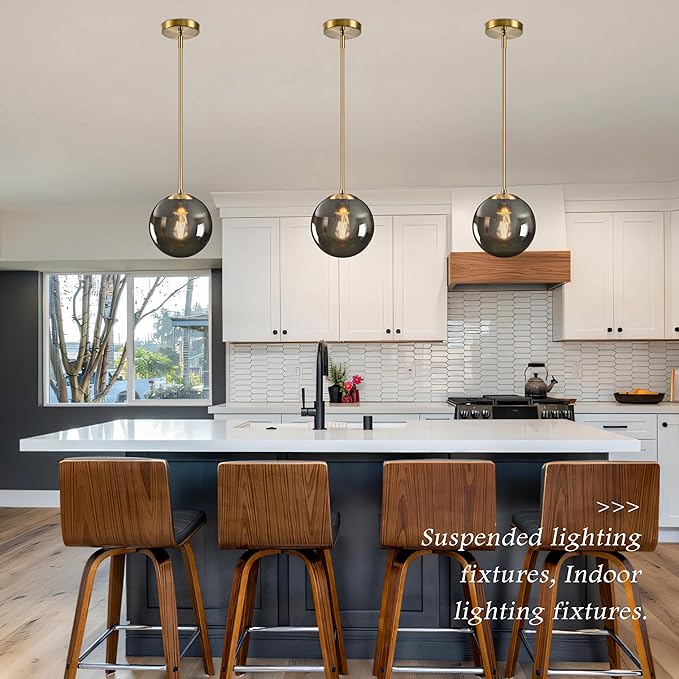 Bagood 8 Inch Globe Pendant Light Gold Globe Pendant Lights Kitchen Island Mid Century Light Fixture with Gray Clear Glass Contemporary Adjustable Hanging Lights for Dining Room (Bulb Included)