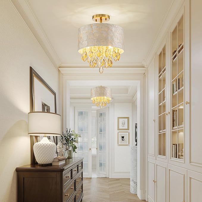 3-Light Capiz Shell Crystal Drum Ceiling Light, Coastal Style Close to Ceiling Light Fixture for Dining Room, Living Room & Bedroom, D12 * H14 inch, Champagne Crystal & Gold Finish
