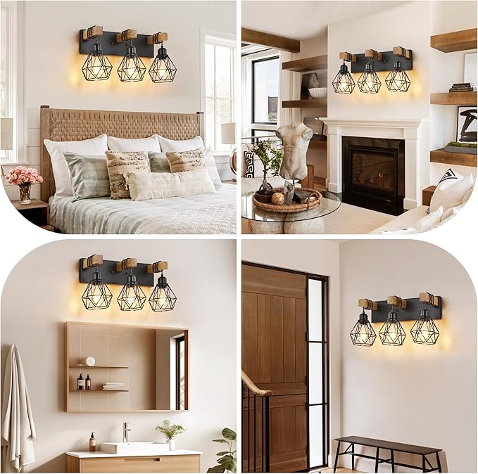 Farmhouse Vanity Light for Bathroom, 3-Light Wood Bathroom Vanity Light Fixtures Over Mirror, Rustic Sconces Wall Lighting with Metal Lampshade for Living Room, Bedroom, Hallway