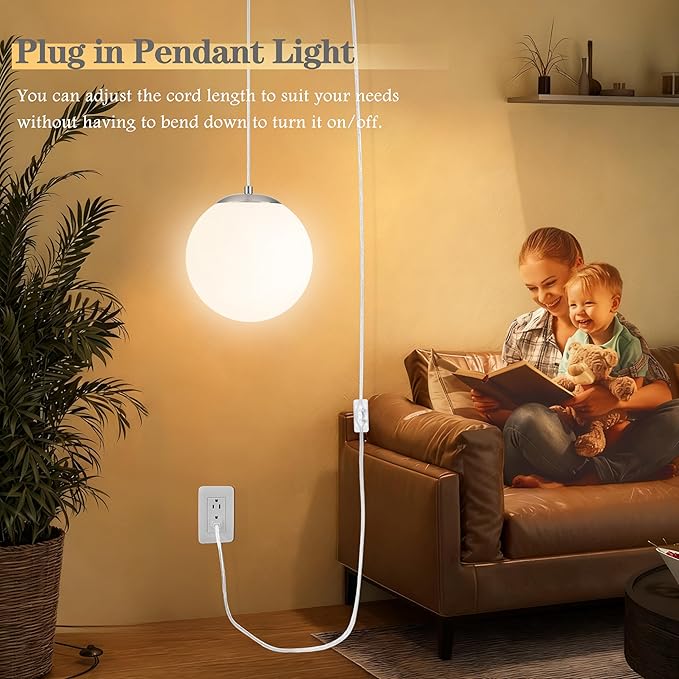 KoKo&Yukina 10" Globe Pendant Light Nickel Plug in Pendant Light Adjustable Hanging Lights with Plug in Cord Nickel Finished with Milk Glass Lampshade for Bedroom Kitchen Island (Bulb Included)