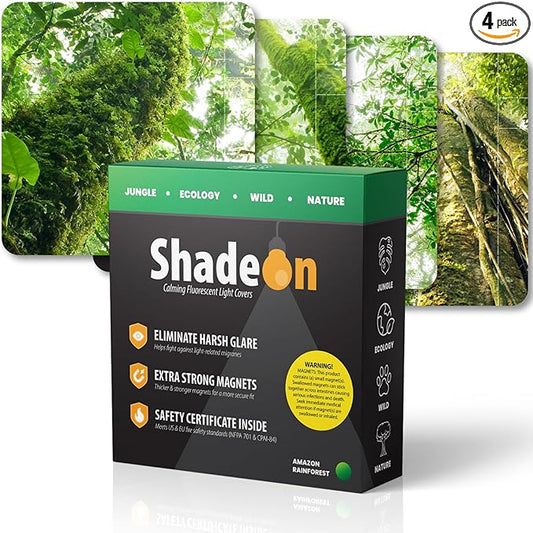 ShadeOn Fluorescent Light Covers for Ceiling Lights (4-Pack) - 2x4 ft Magnetic Light Covers for Ceiling Lights Classroom - Office Light Covers for Fluorescent Lights - Amazon Rainforest