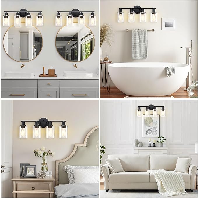 Pia Ricco Bathroom Vanity Light Fixtures, 4-Light Black Vanity Lights with Clear Glass Shades, Modern Wall Sconces Over Mirror, Bath Wall Sconces for Mirror Living Room Bedroom Hallway