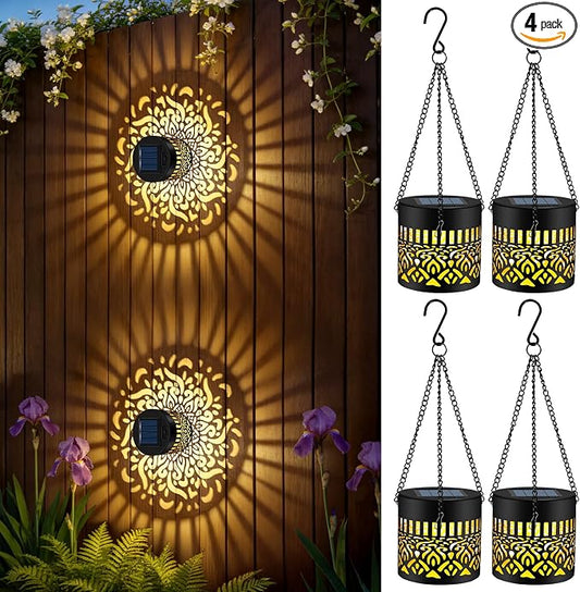 Forlivese 4 Pack Solar Powered Fence Lights, Metal Mandala Solar Lights Outdoor, LED Hanging Solar Mandala Lights Garden Decor for Yard, Porch, Backyard, Patio, Front Door, Warm White