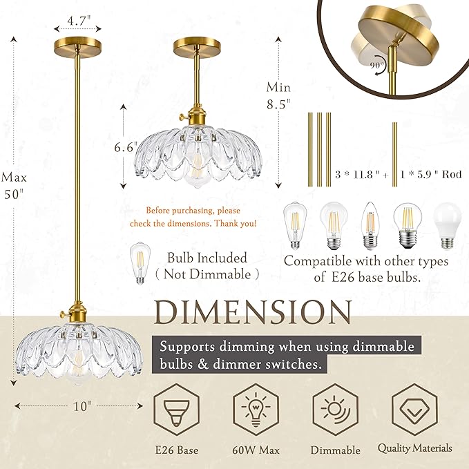 Mid Century Modern Pendant Light 2 Pack Hanging Adjustable Pendant Lights with Brushed Gold Fixture Clear Flower Glass Vintage Chandelier for Kitchen Island Bedroom Dining Room（Bulb Incl.）